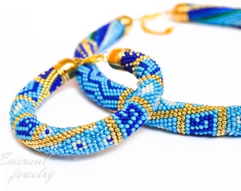 Denim Blue jewelry Seed bead Necklace Bracelet Bohemian Boho jewelry set Statement beadwork jewelry patchwork Anniversary gift for wife idea