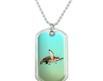 Sea Turtle Flying Military Dog Tag Pendant Necklace with Chain