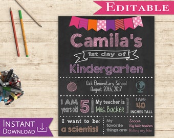 First day of School Sign Editable Chalkboard Girl Back to School 1st day of School, DIY Printable Photo, Pink and Purple, Flags