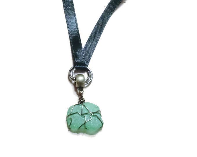 Small Green Authentic Lake Michigan Beach Glass - Wire Wrapped bronze wire - Black Ribbon Choker For Her - Cute