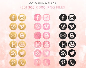 INSTANT DOWNLOAD Social Media Icons | Gold Foil | Pink Watercolor | Black Watercolor