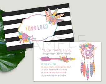 Business Cards, For Independent Fashion Retailers, Approved Fonts and Colors, Black Striped, Dreamcatcher, Boho, Feathers 3.5x2