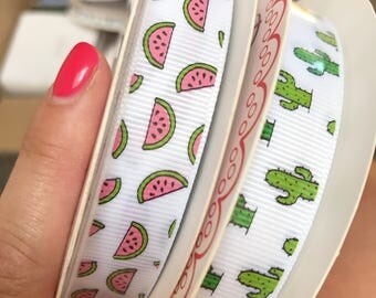 Fun grosgrain ribbon, watermelon or cacti design, carft and sewing, kids ribbons, on trend