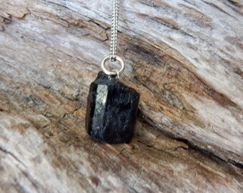 Raw Black Tourmaline Necklace, Minimalist Raw Tourmaline Necklace, Black Raw Crystal Necklace, Free Shipping Necklace
