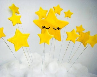 Twinkle twinkle little star cake topper edible fondant, first birthday cake, fondant stars, 1 main star and 12 other stars, golden stars