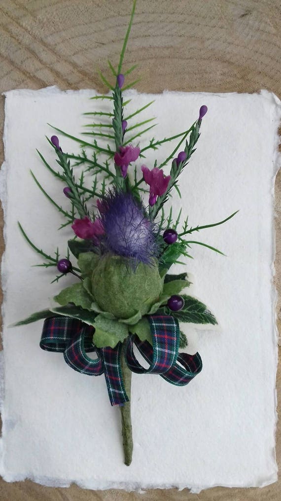 Scottish thistle & heather buttonhole with tartan ribbon Hand