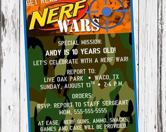 Nerf Birthday Invitation, Nerf Gun Party, dart gun bday invite, camo, camoflauge, nerf wars, digital invitation, printable invitation, pdf