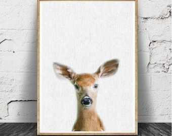Impression papier, cerf, animaux de la forêt, chambre d’enfant murale Art déco, cadeau de Shower de bébé, fille, garçon, Large, bébé cerf