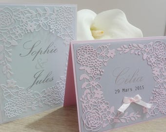 Birth announcement, card, congratulations, baptism, wedding menu, customizable - floral cutouts