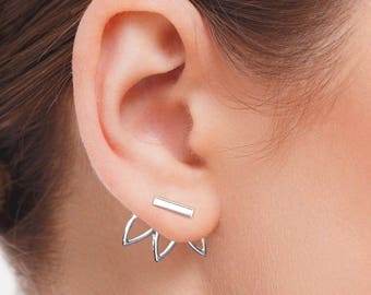 Silver Bar Flower Ear Jacket Earrings Small Ear Climbers Gold Bar Leaf Jackets Triple Leaves Triangle Rectangle Fashion