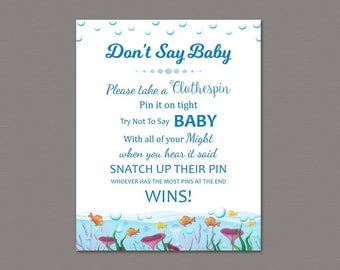 Dont Say Baby Game Printable, Don't Say Baby Sign, Under the Sea Theme, Baby Shower, Underwater, Ocean Fish, Clothespin Game Download, SBS5