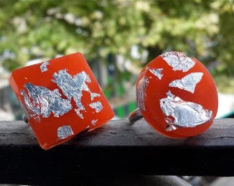 Silver leaf and resin ring | Orange ring square or round | Rings in resin | Handmade | Jewelry in resin | Silver leaf | ANNEAU | Bijoux |