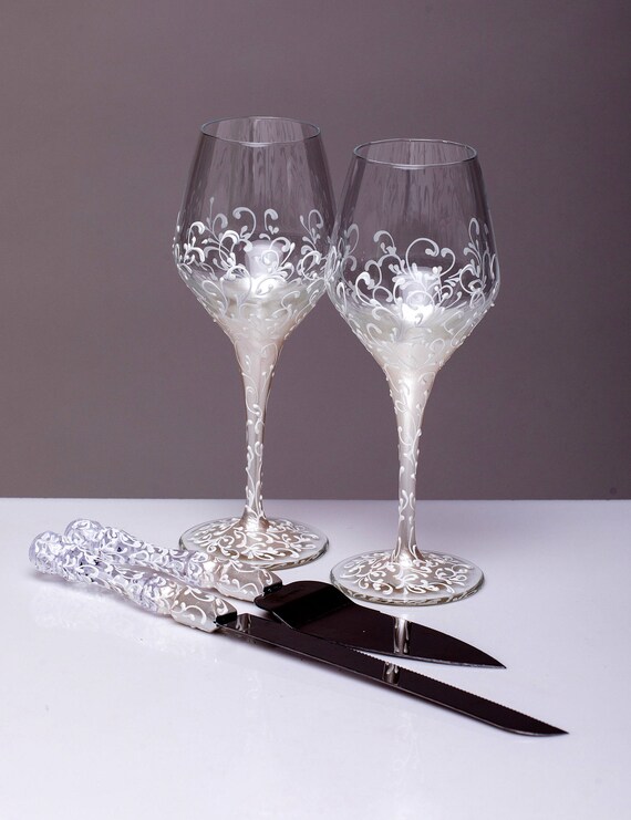 wedding wine glasses and cake server set WHITE Wine glasses