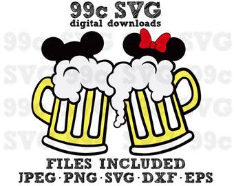 Mickey Minnie Beer Mugs SVG DXF Png Vector Cut File Cricut Design Silhouette Cameo Vinyl Decal Disney Party Stencil Template Heat Transfer
