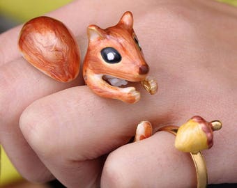 Handmade Enamel 3x Piece Red Squirrel Ring, Squirrel Body, Tail and Pine Nut Set