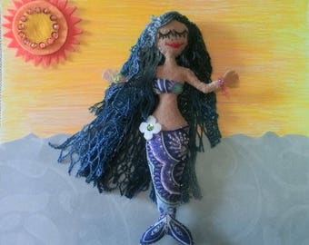 Mermaid handmade, felt, yarn, attached thread for hanging.