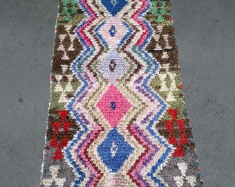 Vintage Boucherouite runner 70x188cm Berber carpet fringes from Morocco