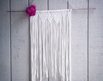 Ivory fringe macrame wall hanging with flower 31" long