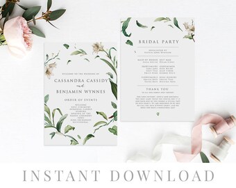 Printable Wedding Program INSTANT DOWNLOAD, Paddle Program, Program Fan, DIY Wedding Ceremony, Templett, Editable pdf, Green, Adore