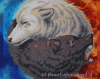 Bead embroidery DIY kit Wolflike Yin Yang beaded cross stitch pattern Two Wolves needlepoint Wildlife Animal gift idea Grey and White Wolves