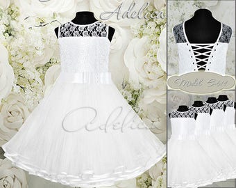 White Knee length Tulle Lace Flower Girl Dress - Stunning Birthday Wedding Party Holiday White Flower Girl Tulle Lace Dress E-614