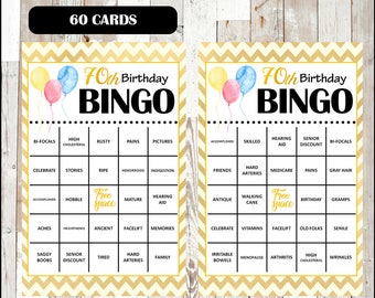 50% OFF 70th Birthday Party Bingo Game - 60 different Cards - Old Age Theme Bingo Words - Half Page Size - INSTANT DOWNLOAD