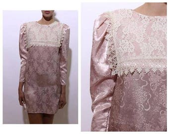 vintage 1980's 80's pastel pink satin white lace mini dress crochet long puff sleeves floral embossed flowers tea romantic S-M