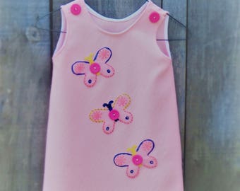 Hand made, Hand painted Girl's pink dress from Upcycled Vintage fabric. Age 3. Butterfly detailing.