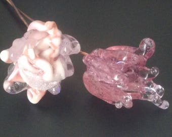 Pair of pink silver flowers on stems - Lampwork Glass