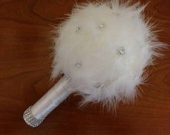 Ball of feathers and rhinestone flowers bridal bouquet
