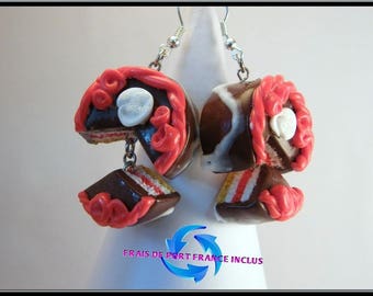 Whipped cream/chocolate/Strawberry cake earrings polymer clay.