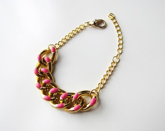 Pink enamel and gold chunky chain bracelet