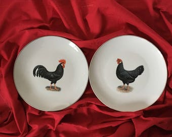 Two customizable rooster and hen plates red and black