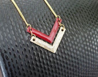 Chevron Burgundy and gold - enameled jewelry necklace