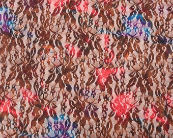 Fabric coupon printed lace red, coral and purple flowers 1 m x 1.50 m