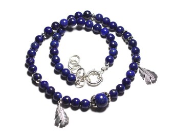 Necklace 925 sterling silver and Lapis Lazuli 8mm feathers asymmetrical stone
