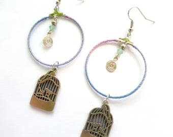 Woven vintage bird cage, purple/blue retro earrings