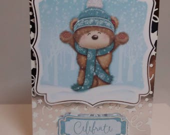 Cute Kawaii Bear in Winter Scarf and Hat is Celebrating with Open Arms in the Snow - 6 X 4 Multiple Occasion Greeting Card - Blank Inside