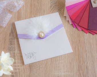 Handmade Pocketfold Wedding Invitation LilacFeather&Pearl