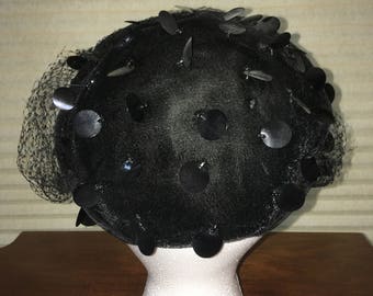 1920s Black Velvet Sequined Casque Hat