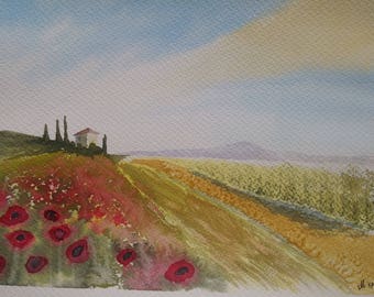 Original Tuscany watercolor landscape