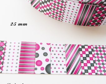 Stripe checkered pink & Black 25 mm white polka dot grosgrain Ribbon sold by 50 cm
