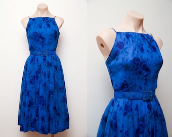 Vintage 1950s Purple Blue Chiffon Floral Formal Dress Eloise Curtis 50's Wedding Party Dress