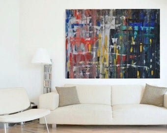 grand wall art, peinture abstraite, déco, Art contemporain, acrylique, mural wall decor, noir, rouges, jaune,bleu,art de toile, mixed médium