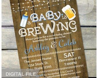 A Baby is Brewing Invitation Beer Baby Shower Blue Co-ed Couples Party Rustic Wood Style - DIGITAL Printable Invite - 5” x 7”