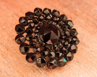 Antique Victorian Faceted Jet Glass Riveted Button - 28mm