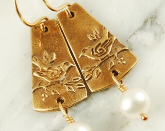 Sparrow Earrings - Bronze Bird Earrings with White Pearl Drops and Gold Fill Wires