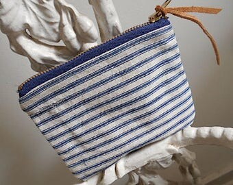 Antique ticking canvas zipper pouch, utility bag, wallet - eco vintage fabrics