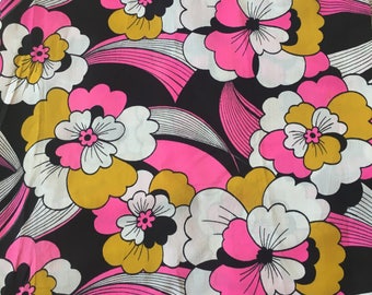Vintage mod psychodelic pucci fabric. pink, goldenrod, black and white floral 70s print 3.8 yards
