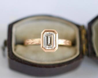 Bague de fiançailles Moissanite émeraude | 7x5mm Rose or étape coupe émeraude pour toujours une bague de fiançailles Moissanite | Bague de fiançailles en éthique